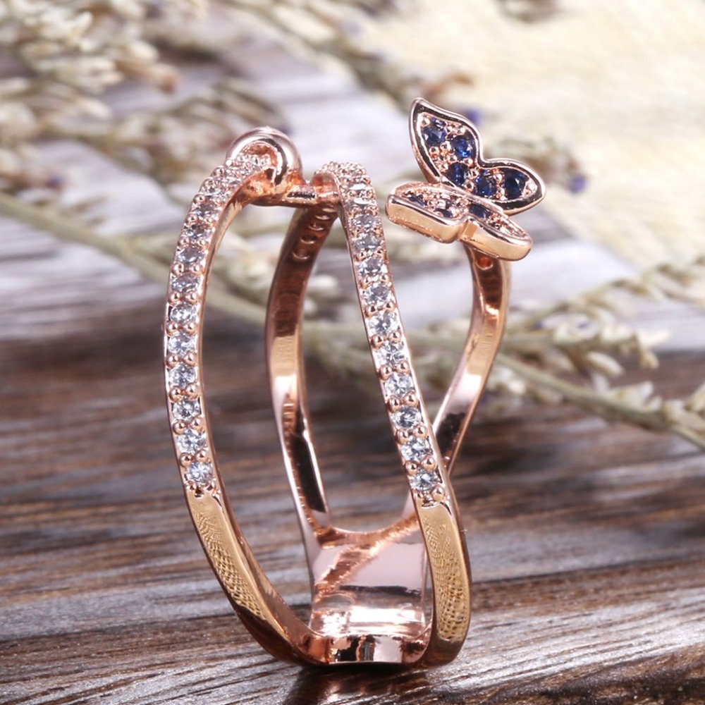 NEW Rose Gold Diamond Blue Butterfly Layer RIng - Picture 4 of 6